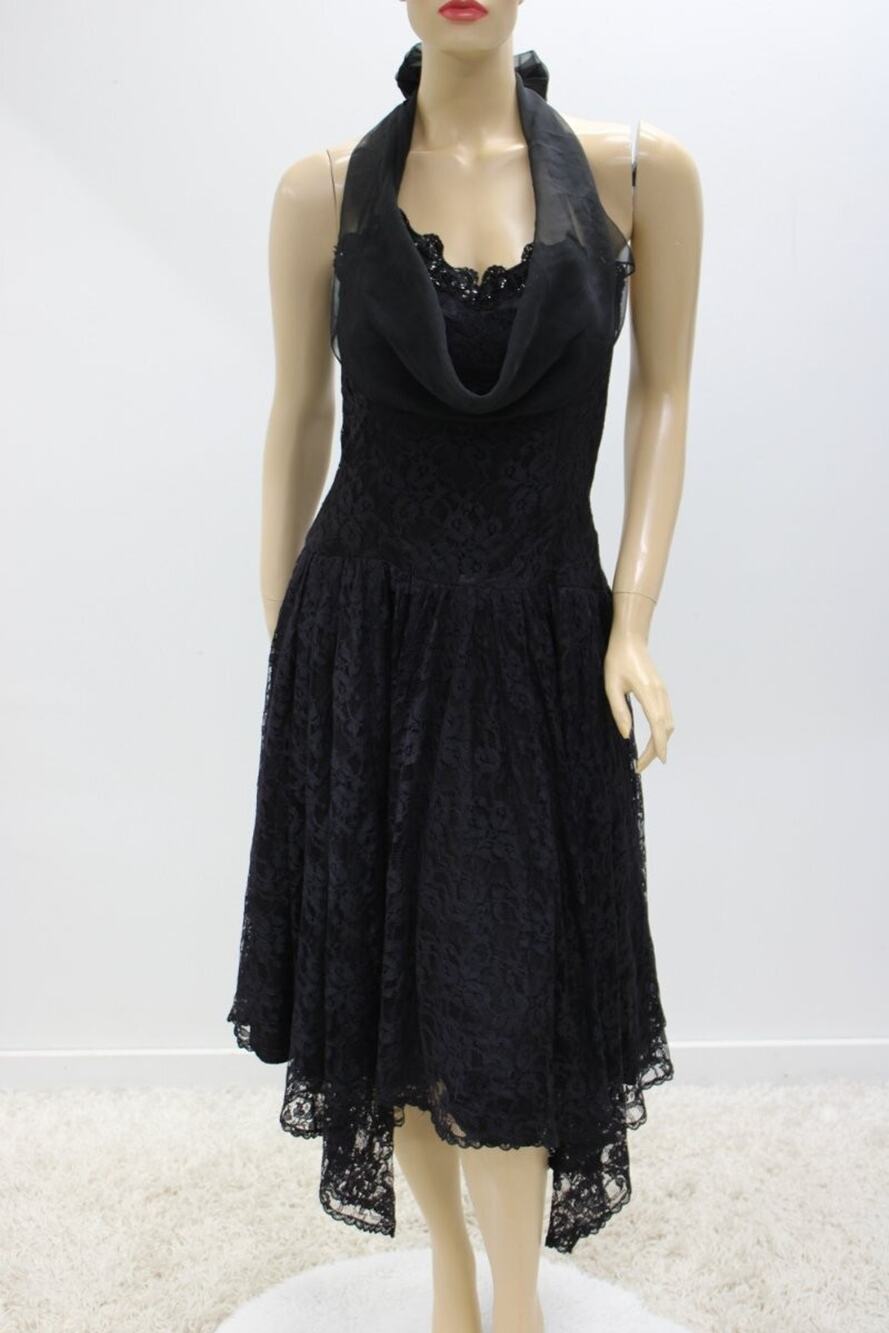 Vintage Gunne Sax Black Lace Dress Handkerchief Hem sz 13 Gothic Witchy waist 30